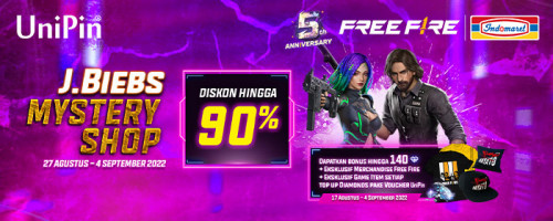 J.Biebs Mystery Shop - Dapatkan Diskon hingga 90% + Jutaan UniPin Credits, Ekslusif Item dan Merchandise Free Fire